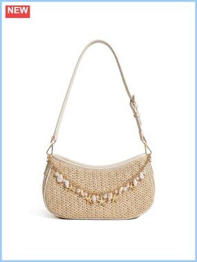 Raffia Straw Woven Shoulder Bag Boho Summer Beach Purse Charm Chain
